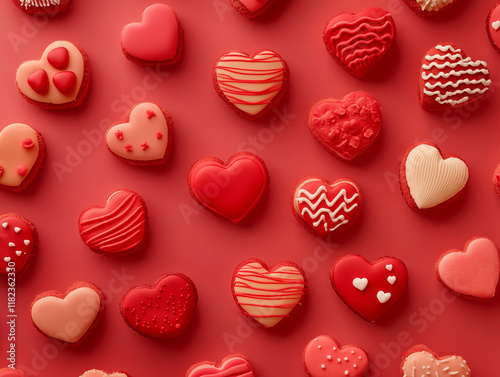 Valentine's day background with heart-shaped cookies and icing. Top view. AI generation.