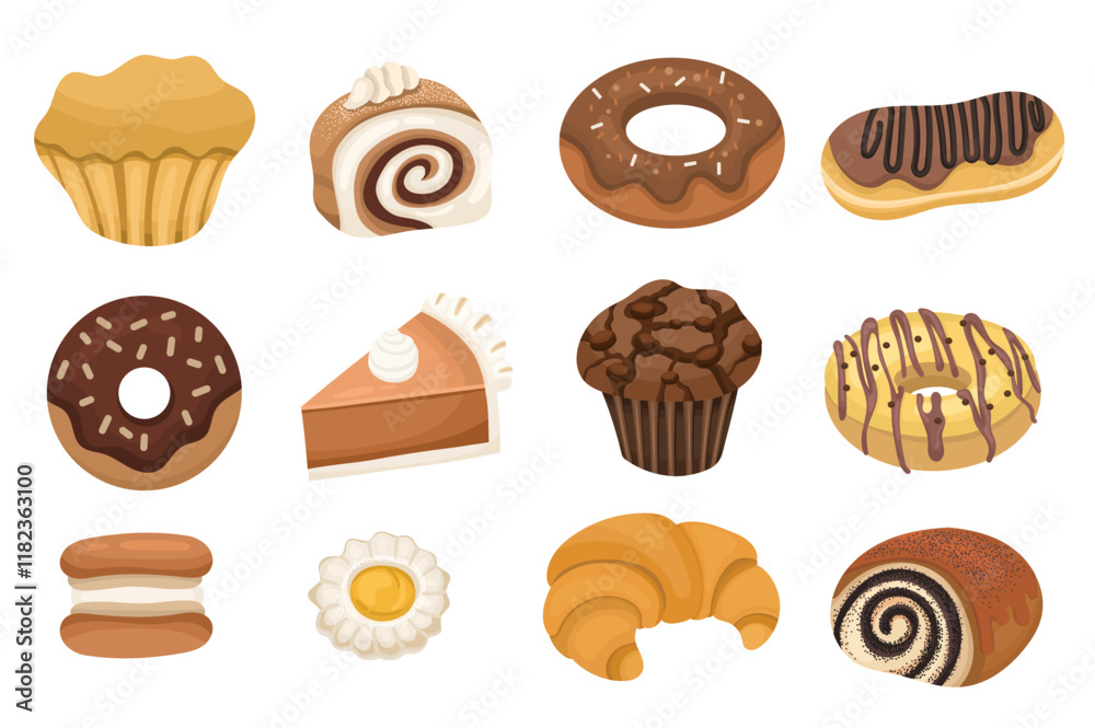 Set or collection of fresh baked sweet. Donuts, croissants. macaroons, eclairs, buns in cartoon or flat, illustration on white background Set or collection of fresh baked sweet. Donuts, croissants. macaroons, eclairs, buns in cartoon or flat, illustration on white background