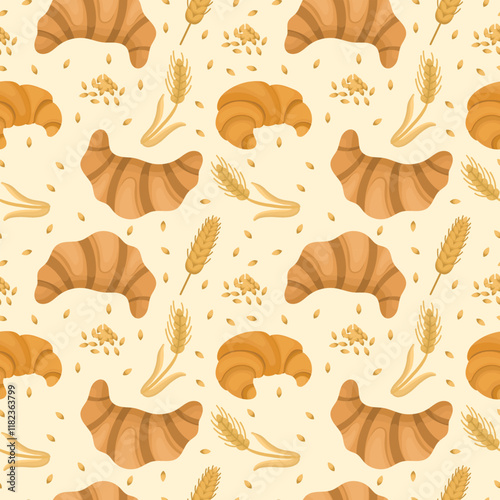 Seamless pattern with fresh and crispy croissants, ears of wheat on a light background, French pastries