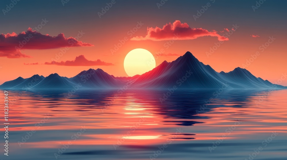 Vibrant sunset over calm water and majestic mountains. Vibrant sunset over calm water and majestic mountains.