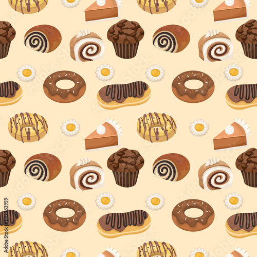 Seamless pattern or background for a pastry shop - fresh baked goods cartoon or flat illustration. Buns, cake, donut and more.