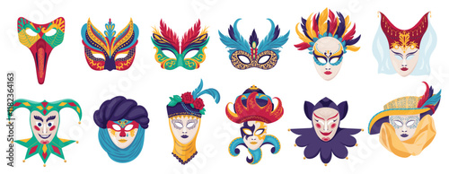 Collection vector authentic venetian painted carnival masks. Mardi gras holiday feather masque. Masquerade party face disguise accessory capturing spirit of celebration and intrigue at masquerade ball