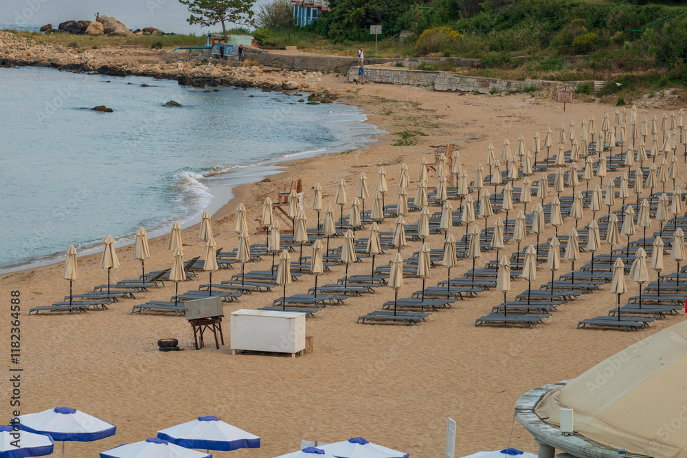 Fototapeta premium Beach deckchairs with umbrellas
