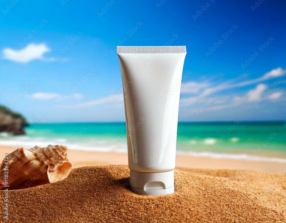 Moisturizing cream tube on sandy beach near sea waves Moisturizing cream tube on sandy beach near sea waves