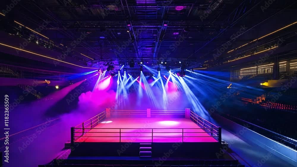 Bright lights illuminate the wrestling ring, creating an energetic atmosphere in the arena during a thrilling competition