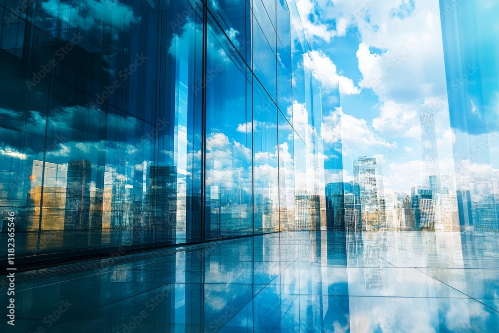 Obraz premium Glass building reflects cityscape, sky, clouds.