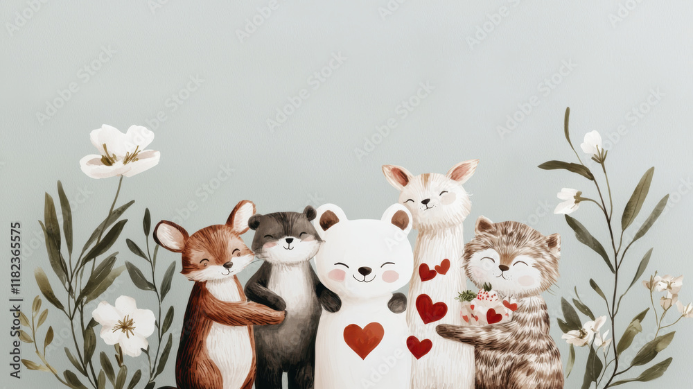 Naklejka premium Adorable animals celebrating love with hearts and flowers in cheerful scene