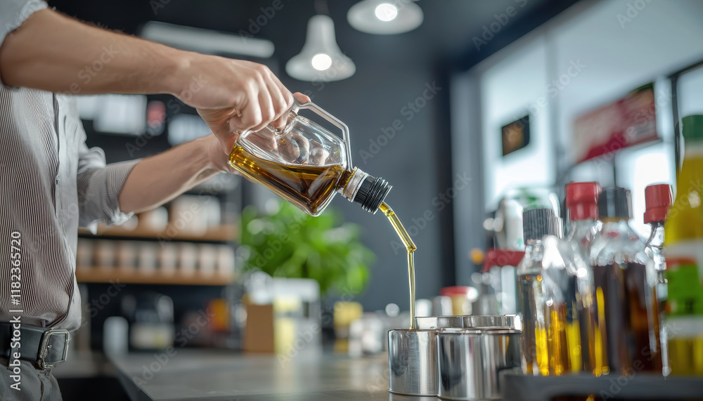 Pouring oil from bottle into container in modern kitchen Pouring oil from bottle into container in modern kitchen