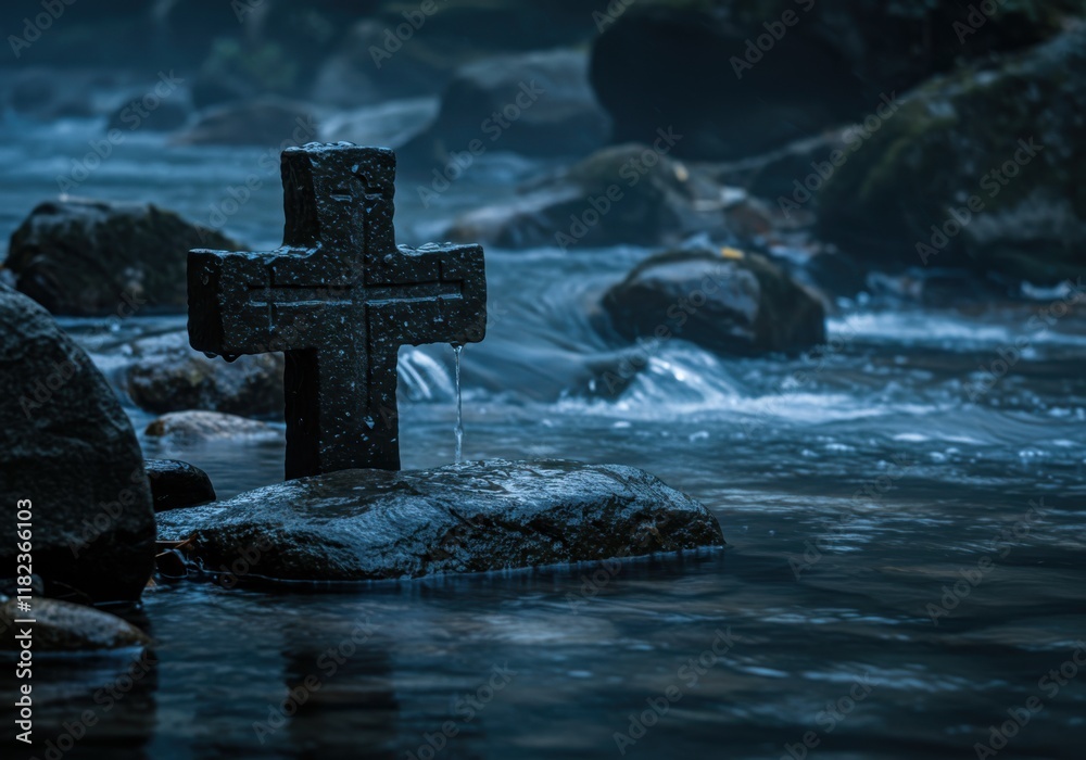 Dark stone cross, flowing river, misty atmosphere, mossy rocks, ethereal blue light, Gothic ambiance, peaceful graveyard, twilight scene, spiritual symbolism, weathered monument, serene water, mystica