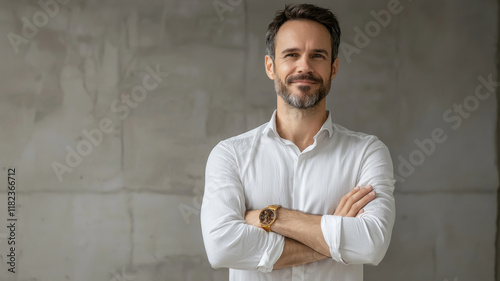 Wallpaper Mural Confident man in white shirt with arms crossed, smiling in modern space Torontodigital.ca