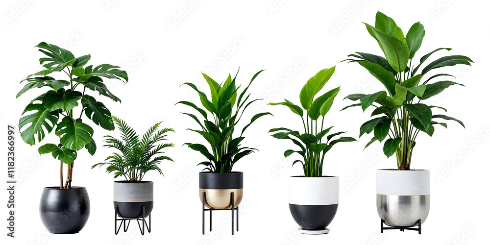 Fototapeta premium Collection of various Tropical plants in pots isolated on transparent background.