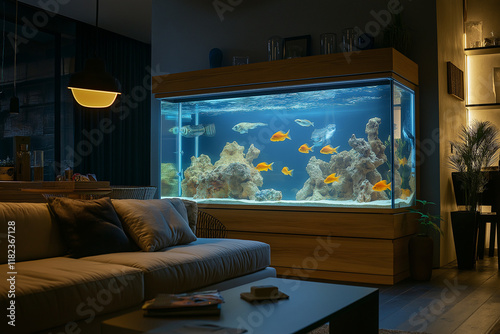Fish tank in luxury living room. generative AI