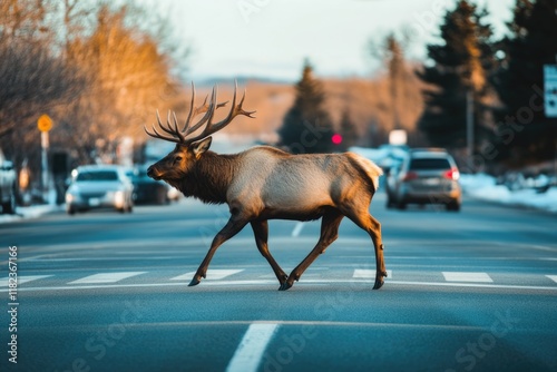 An elegant elk traverses the street at twilight, naturally asserting its presence against a serene backdrop of trees, capturing a harmonious blend of nature and urban life. photo