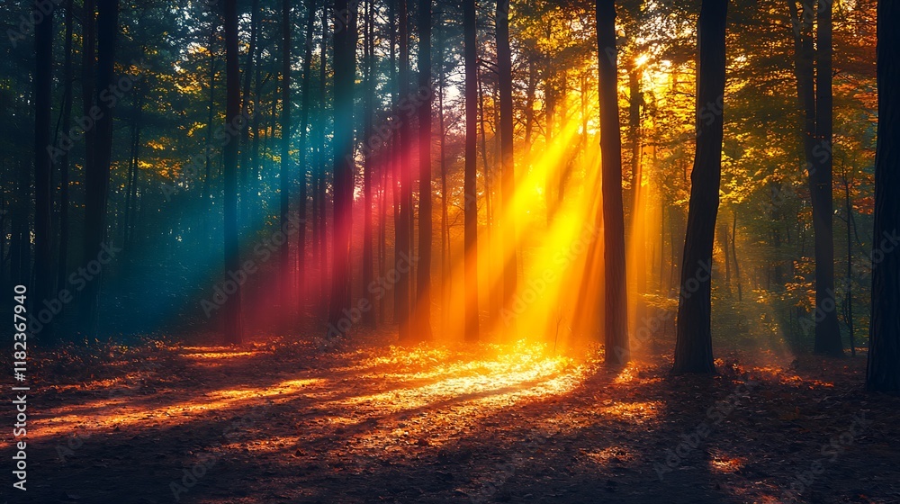 Golden Sunlight Beams Through Autumn Forest Trees Golden Sunlight Beams Through Autumn Forest Trees
