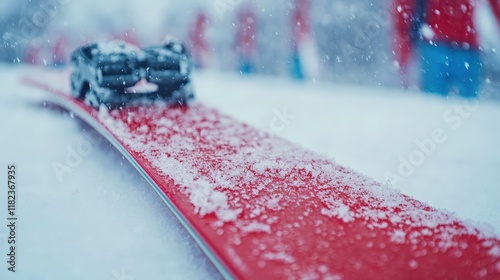 A red ski with bindings lies in the snow during a snowfall. Ideal for websites or apps related to winter sports, ski resorts, or winter travel. photo