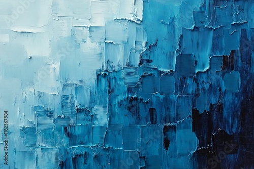 Abstract blue painting, textured brushstrokes, gradient hues.