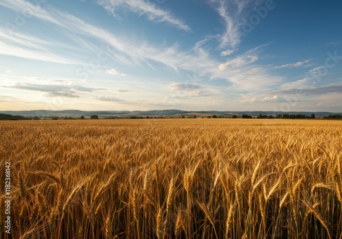 Wallpaper Mural Golden wheat field, vast prairie landscape, wispy cirrus clouds, blue sky, distant mountains, warm sunlight, autumn harvest, agricultural panorama, rural tranquility, expansive horizon, natural beauty Torontodigital.ca