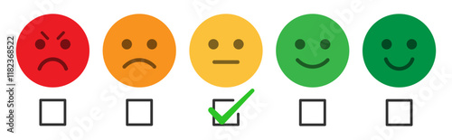 Rating emoji set with check box and tick mark for customer feedback and product experience with bad, poor, average, good and excellent text. Emoji feedback scale. Rating emoji collection. Vector icon
