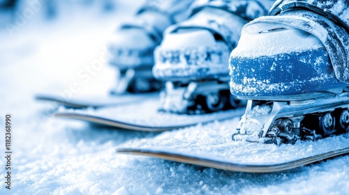 Close-up of ski boots clipped into snowboards on a snowy surface. Ideal for winter sports websites blogs or social media promoting skiing snowboarding and winter adventures.