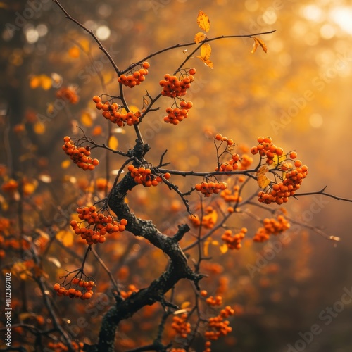 Autumn tree branch, vibrant orange leaves, golden sunlight, bokeh background, shallow depth of field, macro photography, warm tones, nature close-up, seasonal beauty, ethereal atmosphere, delicate twi photo