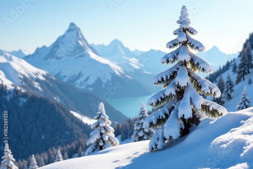Snow-clad mountain tree with frozen branch tips, cold weather, mountain tree, winter tree