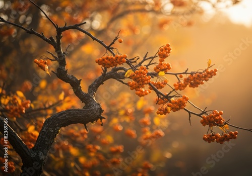 Autumn tree branch, vibrant orange leaves, golden sunlight, bokeh background, shallow depth of field, macro photography, warm tones, nature close-up, seasonal beauty, ethereal atmosphere, delicate twi photo