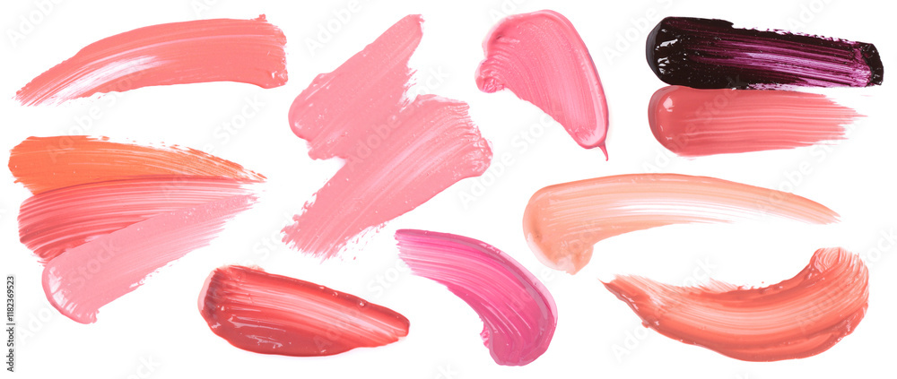 Lip gloss of different shades on white background, set of samples Lip gloss of different shades on white background, set of samples