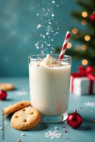 Snowflakes gently fall on a festive glass of milk and cookies with Christmas decorations, christmas, cookies, milk