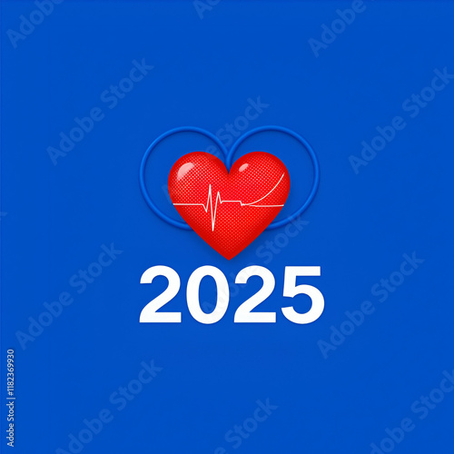 2025 New Year for health care .heart health, health insurance concept,  resolutions goal. yearly health checks and healthy trend, heart and stethoscope on a background 