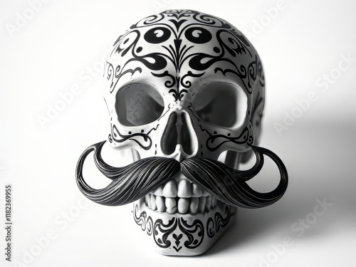 Vibrant Black and White Sugar Skull with Mustache - AI Photo photo