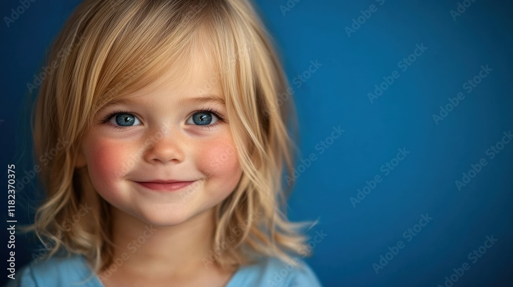 A young girl with blue eyes and blonde hair smiles gently, her innocence framed by a soft blue background and turquoise background. A young girl with blue eyes and blonde hair smiles gently, her innocence framed by a soft blue background and turquoise background.