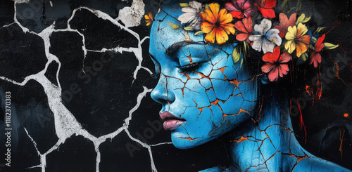 A striking mural of a woman with blue skin adorned with a floral crown is showcased on a cracked wall in an urban setting, highlighting the contrast of beauty and decay. photo