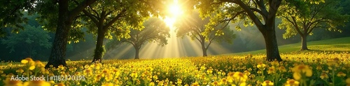 Trees covered in yellow flowers in morning light, Tropical, Trees