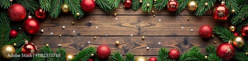 Wooden boards with scattered Christmas ornaments and tinsel, decorations, garland, planks