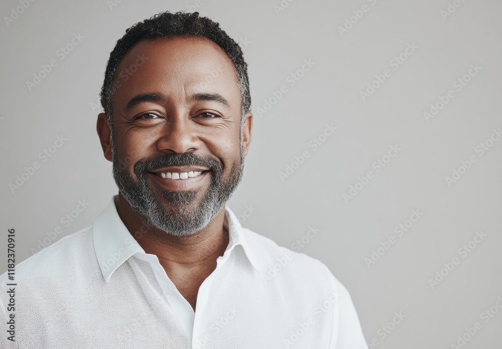 Obraz premium An elderly black African man in his 60s or 70s exudes health and confidence, his joyful spirit captured in a bright smile that reflects his vibrant energy.