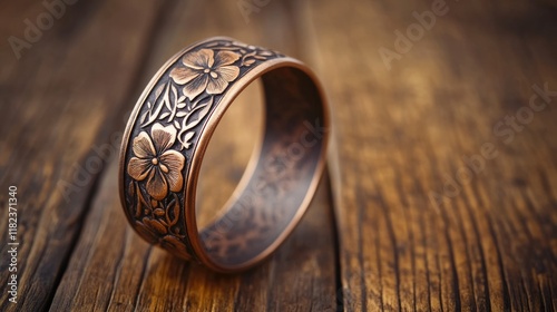 Elegant floral engraved ring on wooden surface. Generative AI photo