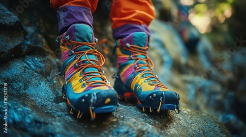 Close-up of colorful hiking boots on wet rocks. Perfect for showcasing outdoor gear or promoting adventurous activities like canyoning.