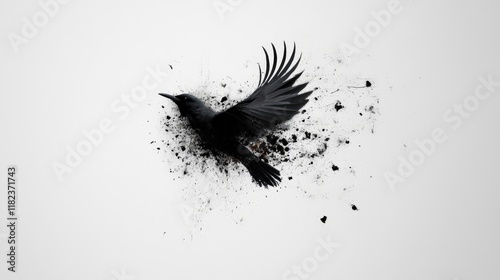 Black bird breaking through a wall of particles. Generative AI photo