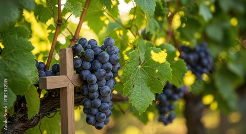 Wallpaper Mural Vineyard scene, ripe purple grapes, wooden cross, sunlit green leaves, shallow depth of field, golden hour lighting, wine country, religious symbolism, natural beauty, organic farming, rustic wooden e Torontodigital.ca