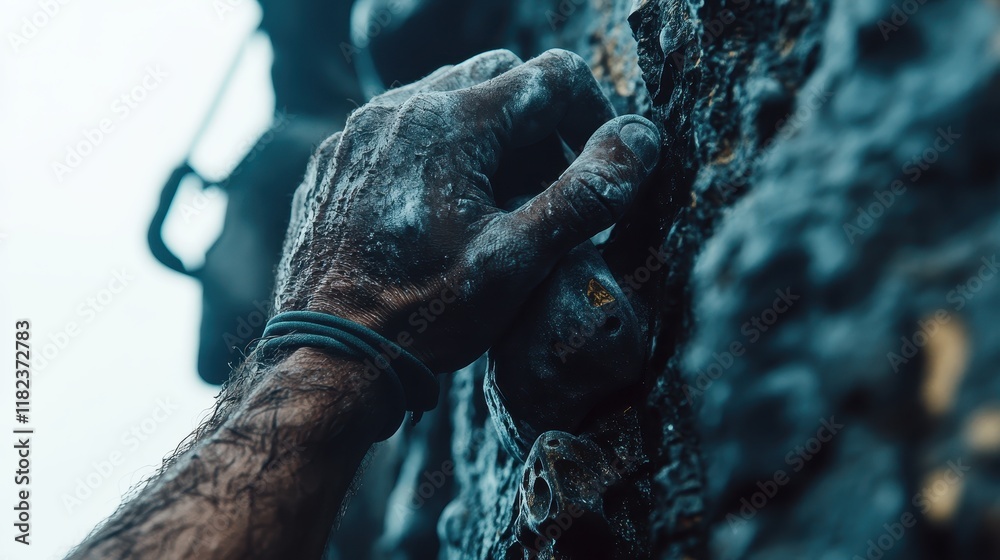 A climber's chalked hand grips a rock hold. Ideal for websites or articles about rock climbing, adventure, or overcoming challenges. A climber's chalked hand grips a rock hold. Ideal for websites or articles about rock climbing, adventure, or overcoming challenges.