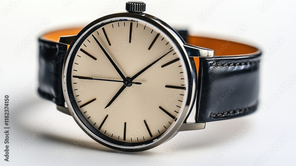 A sleek, minimalist watch with a black leather strap and a simple, elegant face. A sleek, minimalist watch with a black leather strap and a simple, elegant face.
