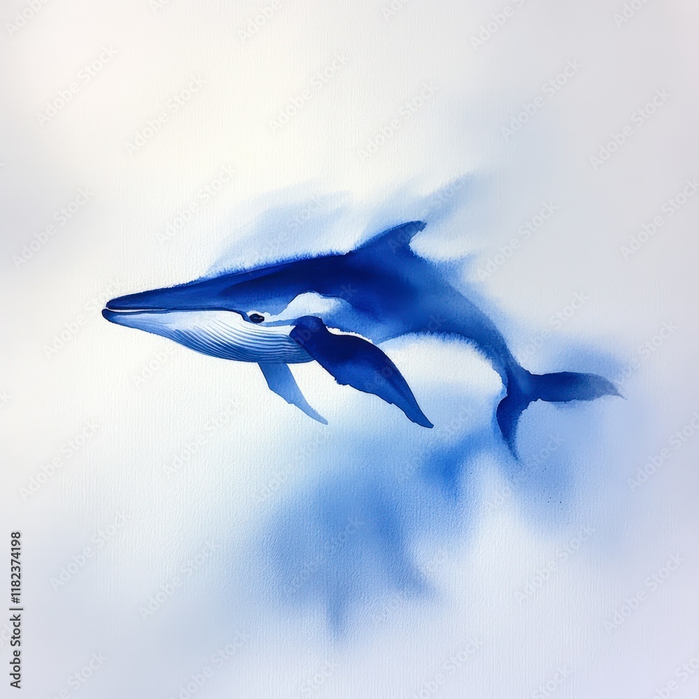 Obraz premium A stunning watercolor representation of a whale, showcasing fluid movement and deep blue hues, This image can be used in marine conservation campaigns, ocean-themed decor, and educational materials,