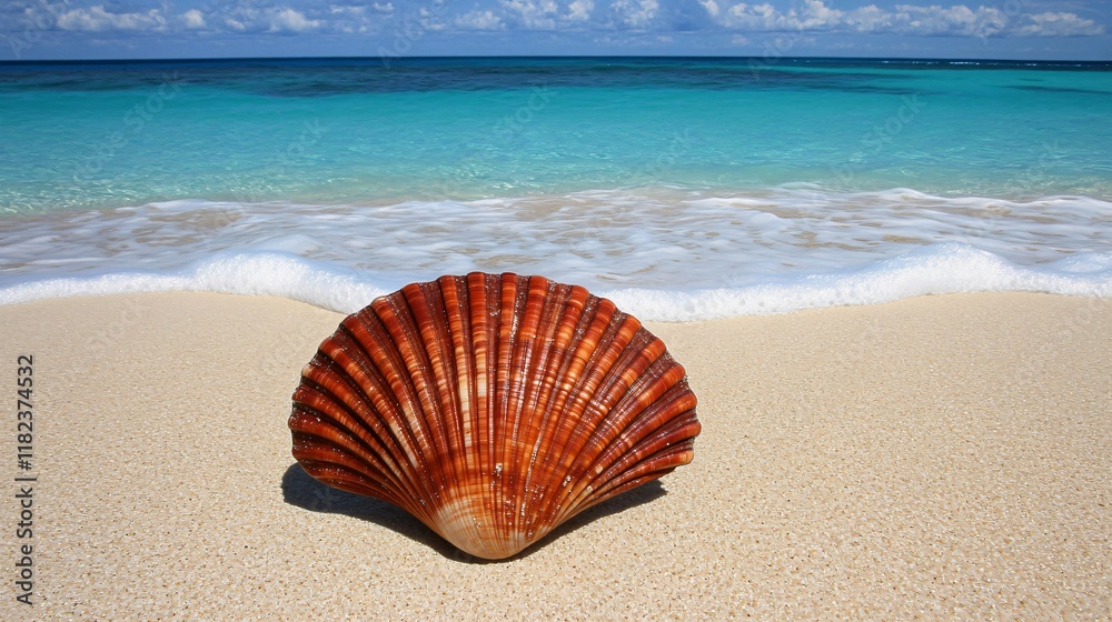 Stunning Seashell on Sandy Beach with Turquoise Ocean Waves