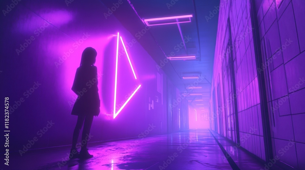 Futuristic corridor with glowing neon triangles cinematic atmosphere modern aesthetics misty ambiance Futuristic corridor with glowing neon triangles cinematic atmosphere modern aesthetics misty ambiance