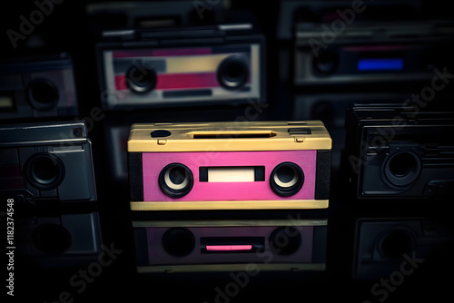 Old audio tape compact cassette on black background. Collection of retro cassette. Vintage pattern. 80s and 90s funky colorful design