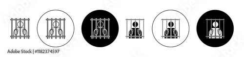 Criminal behind bars icons set in black filled and outlined style