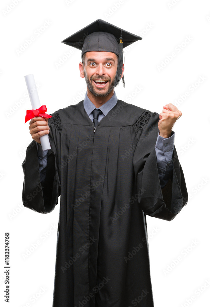Young handsome graduated man holding degree over isolated background screaming proud and celebrating victory and success very excited, cheering emotion Young handsome graduated man holding degree over isolated background screaming proud and celebrating victory and success very excited, cheering emotion