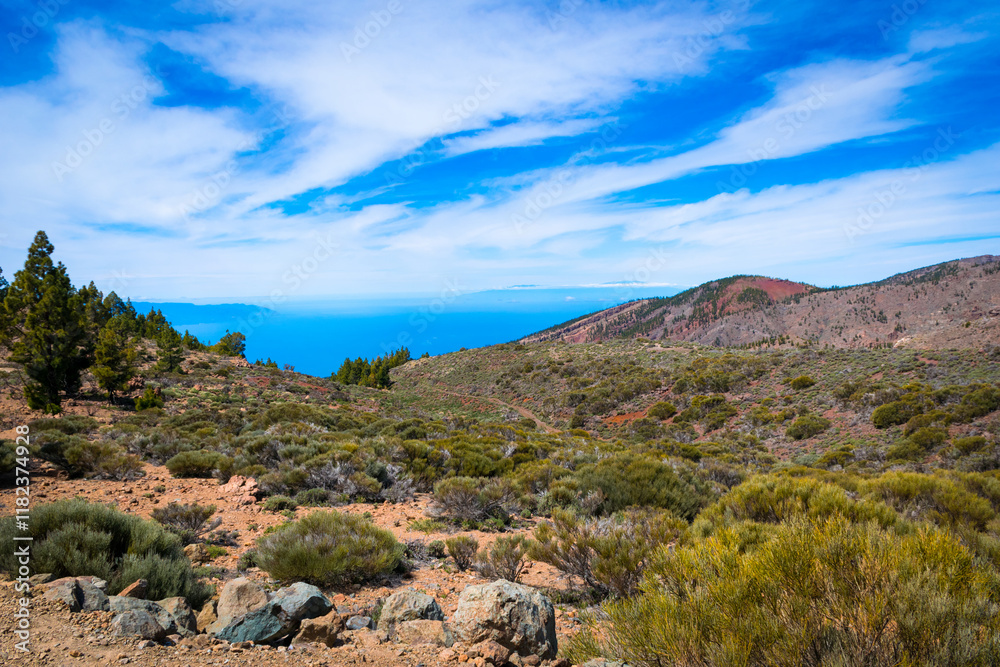 View from El Teide National Park with La Gomera island in the background, Tenerife, Canary Island, Spain View from El Teide National Park with La Gomera island in the background, Tenerife, Canary Island, Spain