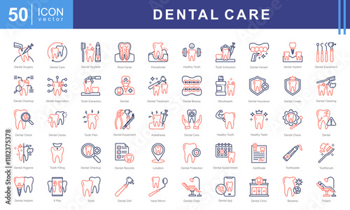 Dental Care icon set with health, teeth, maintenance, disorders, dentistry, surgery, oral, hygiene, treatment and caries.