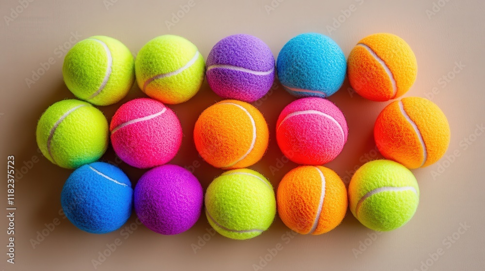 Vivid rainbow tennis balls arranged neatly. Great for sporty designs, active lifestyles, or adding a pop of color. Vivid rainbow tennis balls arranged neatly. Great for sporty designs, active lifestyles, or adding a pop of color.